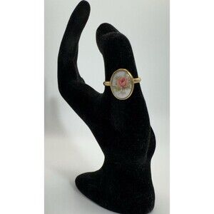 Vintage 1970s Gold Tone Ring Porcelain Cameo Floral Transferware Rose Size 8.5